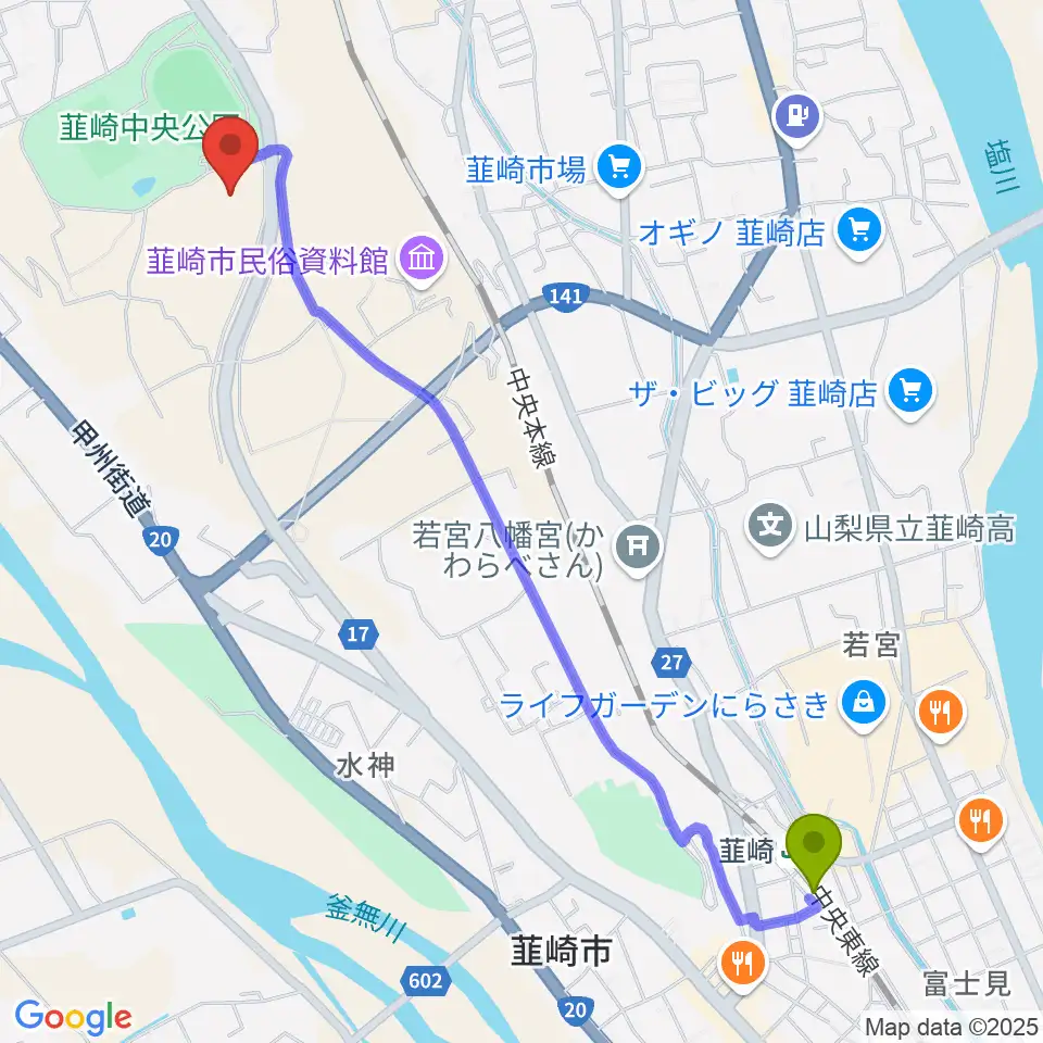 東京エレクトロン 韮崎アリーナの最寄駅韮崎駅からの徒歩ルート（約27分）地図