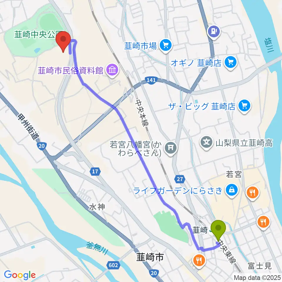 東京エレクトロン 韮崎アリーナの最寄駅韮崎駅からの徒歩ルート（約27分）地図