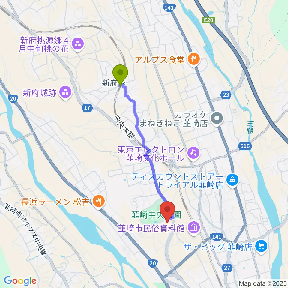 新府駅から東京エレクトロン 韮崎アリーナへのルートマップ地図