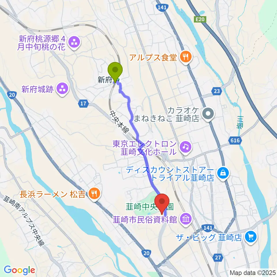 新府駅から東京エレクトロン 韮崎アリーナへのルートマップ地図