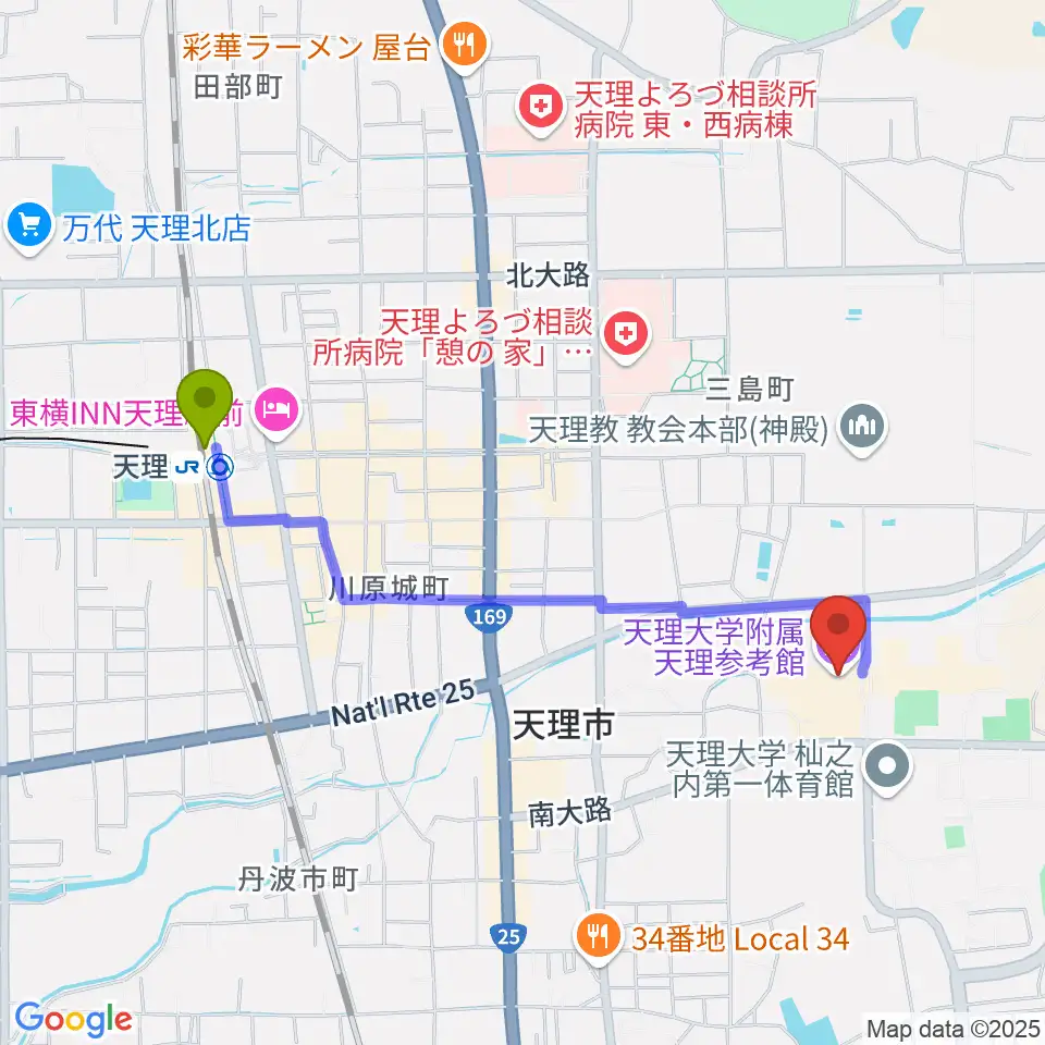 天理大学附属天理参考館の最寄駅天理駅からの徒歩ルート（約20分）地図