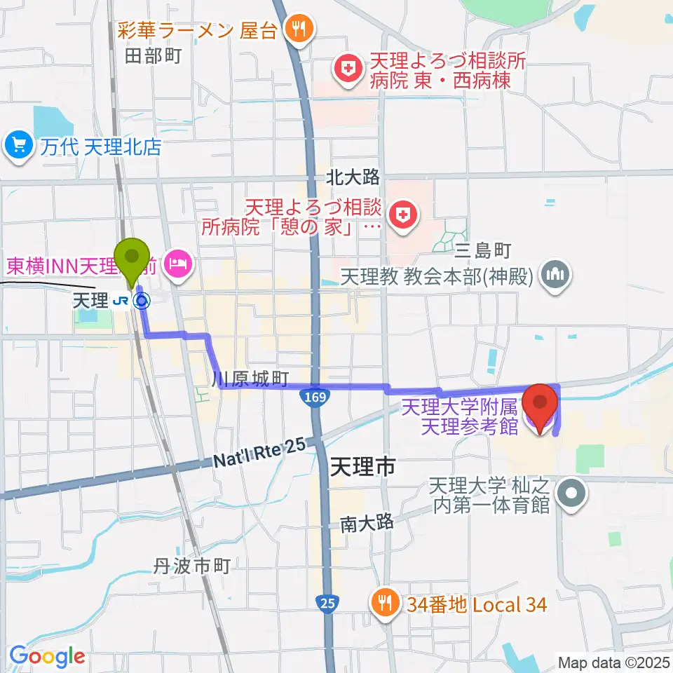 天理大学附属天理参考館の最寄駅天理駅からの徒歩ルート（約20分）地図