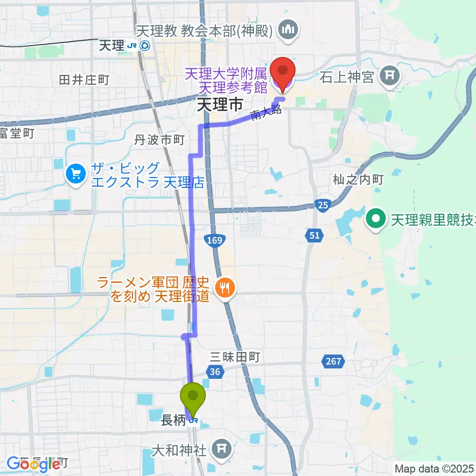 長柄駅から天理大学附属天理参考館へのルートマップ地図