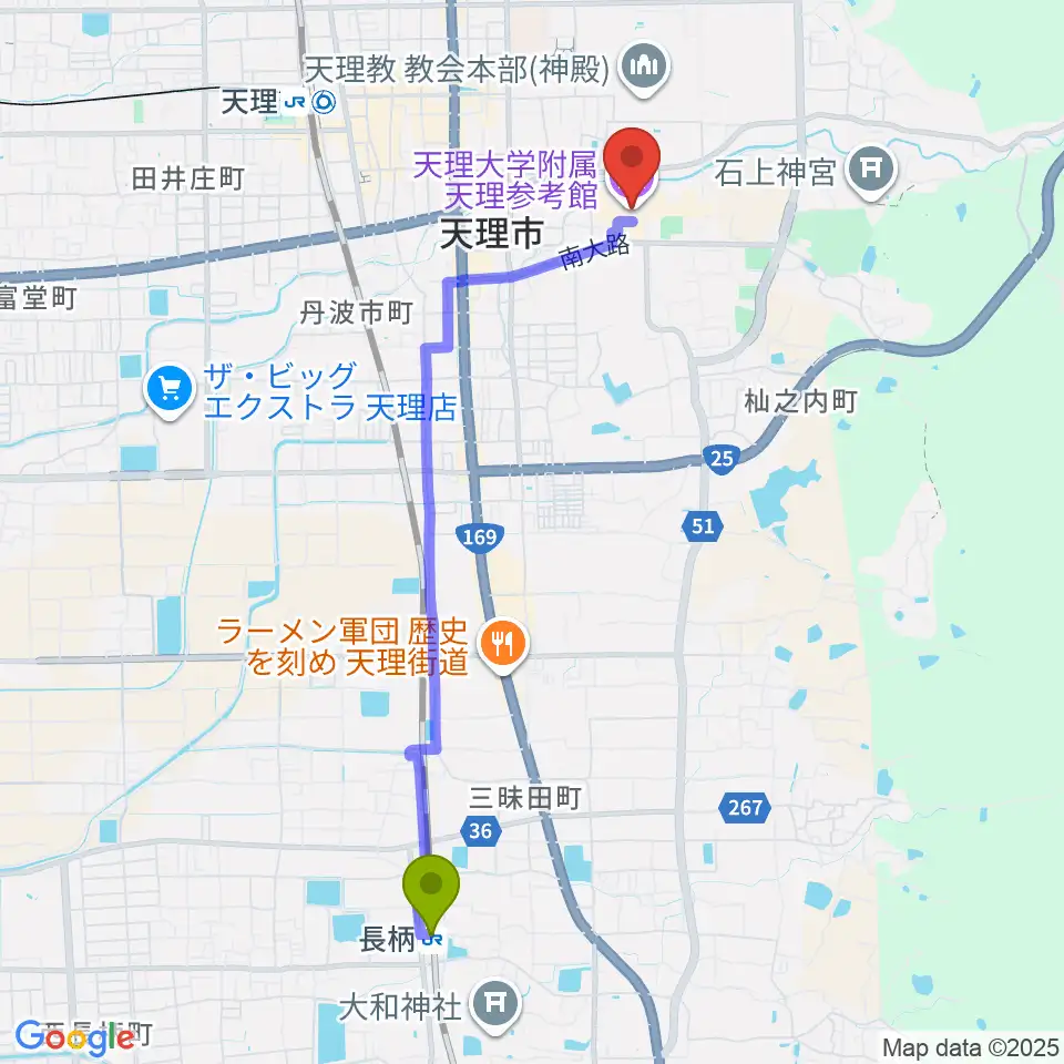 長柄駅から天理大学附属天理参考館へのルートマップ地図