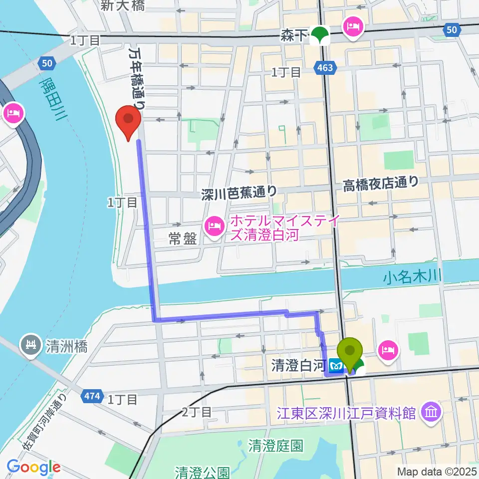 清澄白河駅から江東区芭蕉記念館へのルートマップ地図