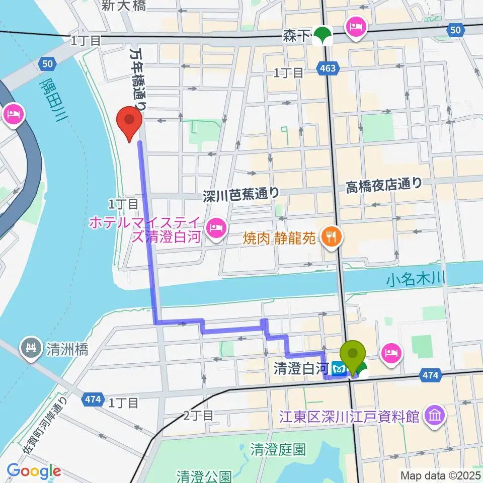 清澄白河駅から江東区芭蕉記念館へのルートマップ地図