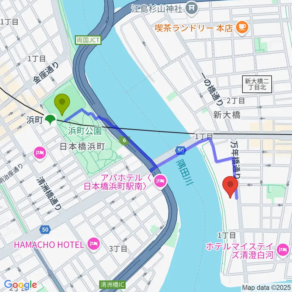 浜町駅から江東区芭蕉記念館へのルートマップ地図
