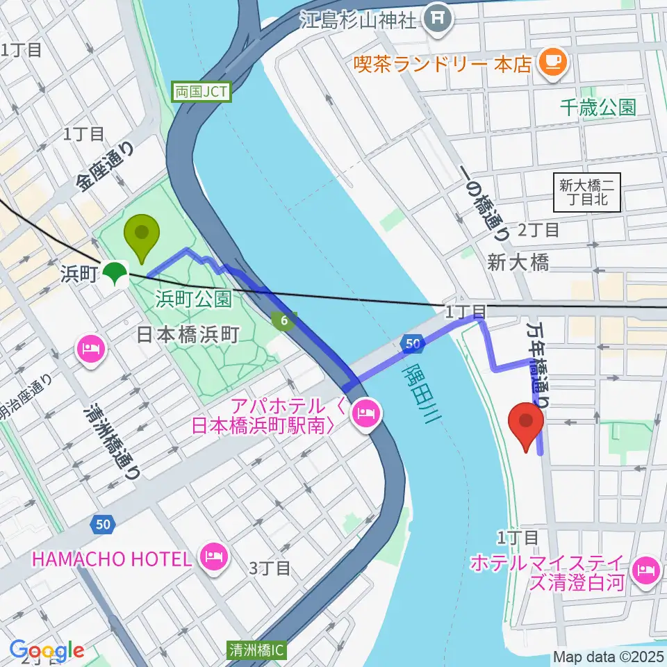 浜町駅から江東区芭蕉記念館へのルートマップ地図