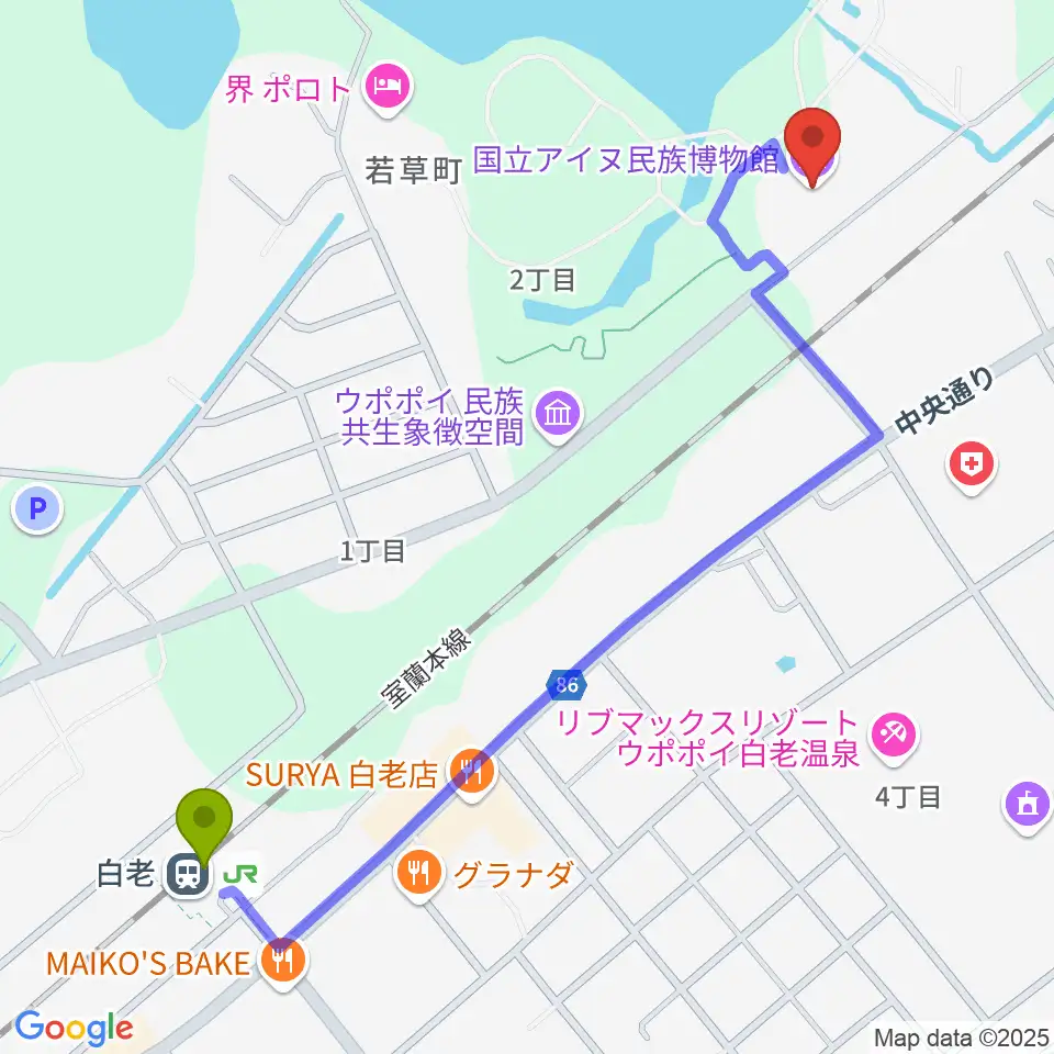 国立アイヌ民族博物館の最寄駅白老駅からの徒歩ルート（約12分）地図