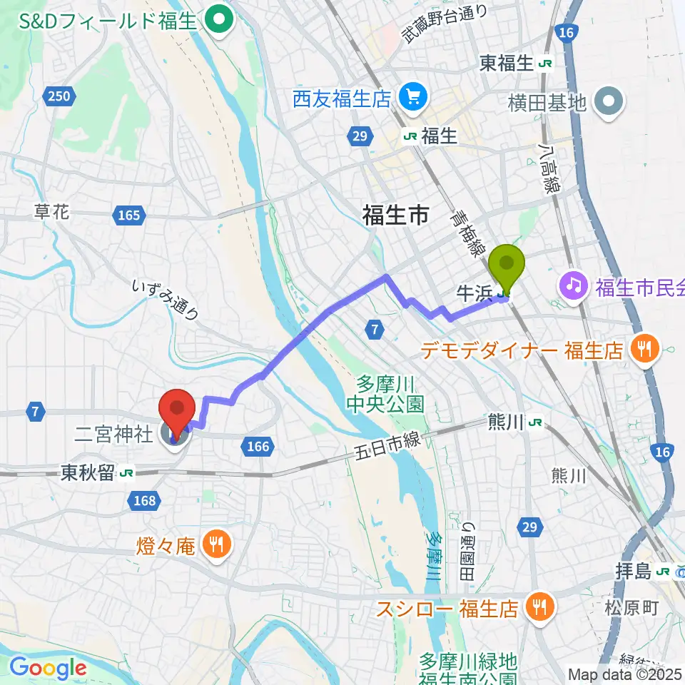牛浜駅から二宮考古館へのルートマップ地図