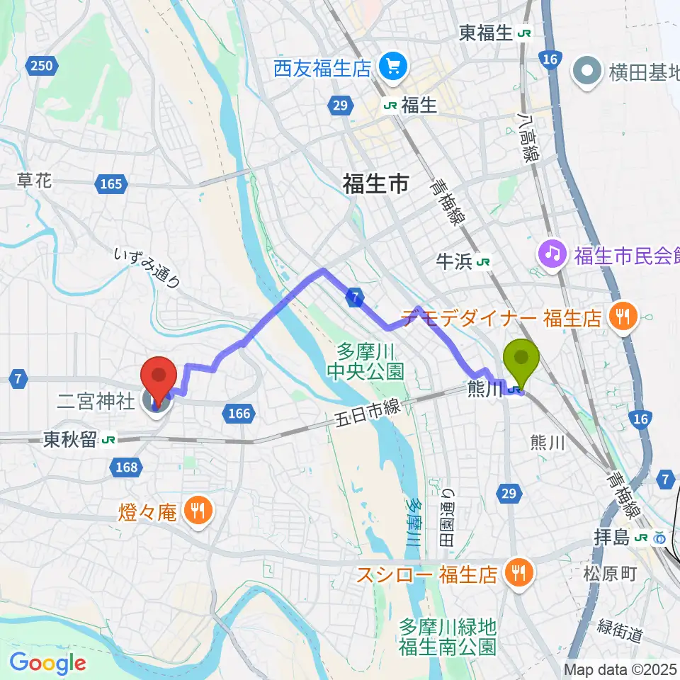 熊川駅から二宮考古館へのルートマップ地図