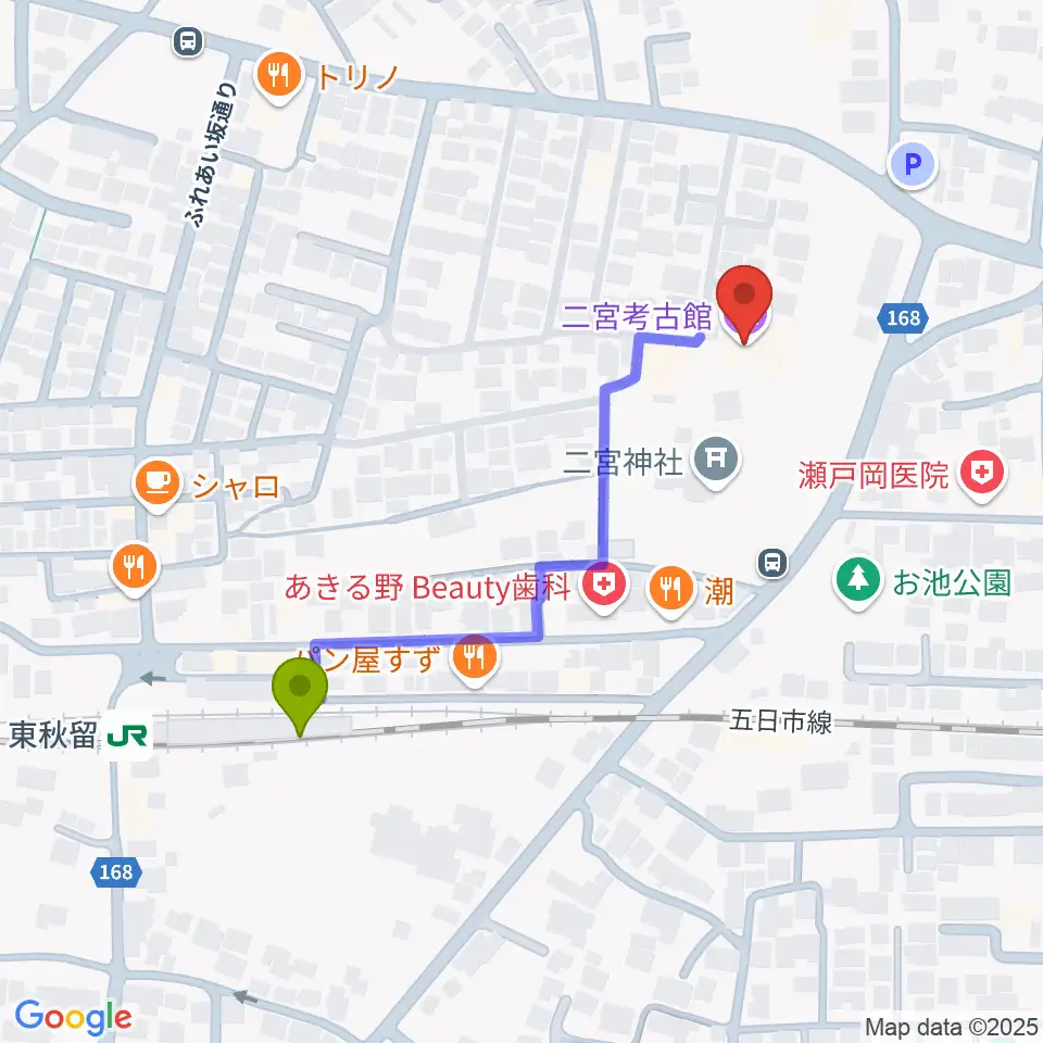 二宮考古館の最寄駅東秋留駅からの徒歩ルート（約4分）地図