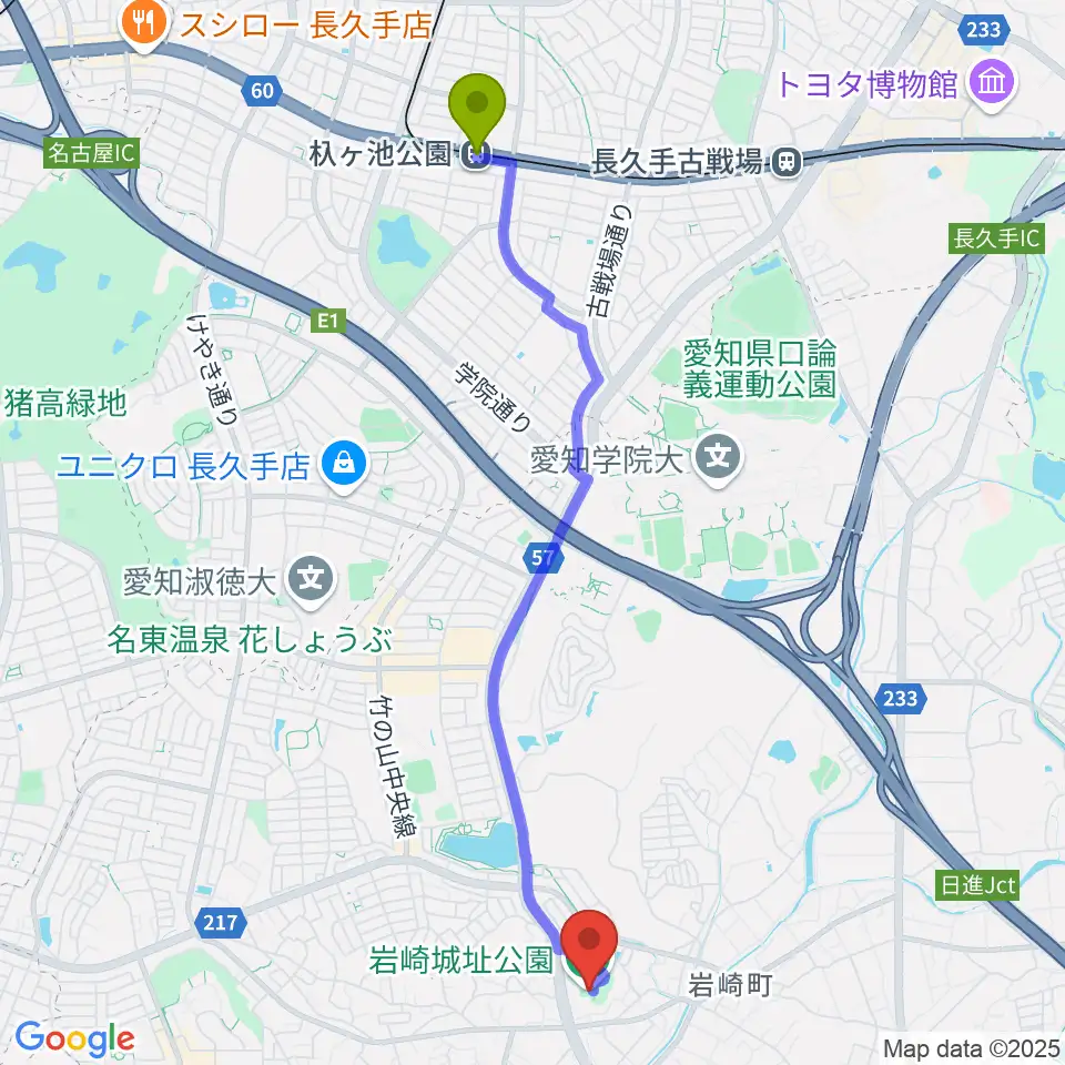 岩崎城歴史記念館の最寄駅杁ヶ池公園駅からの徒歩ルート（約49分）地図