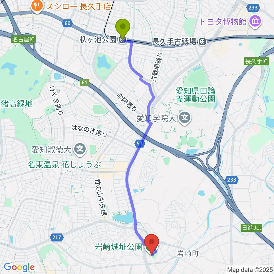 岩崎城歴史記念館の最寄駅杁ヶ池公園駅からの徒歩ルート（約49分）地図
