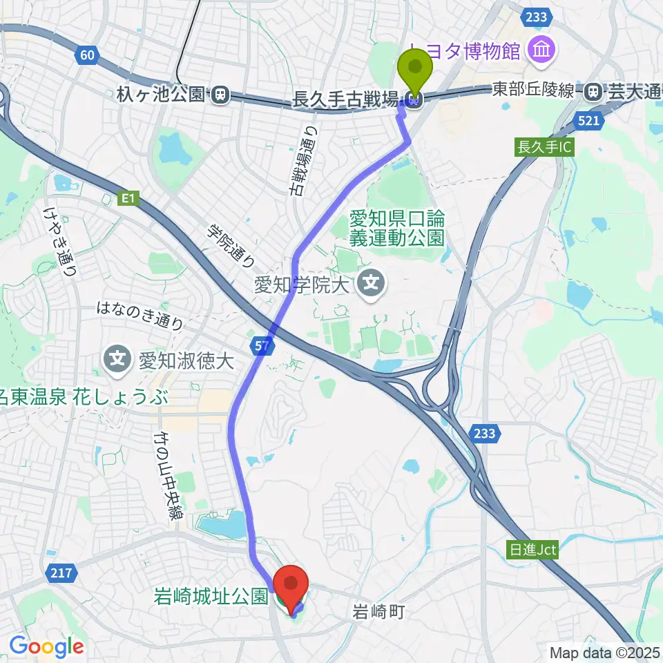 長久手古戦場駅から岩崎城歴史記念館へのルートマップ地図