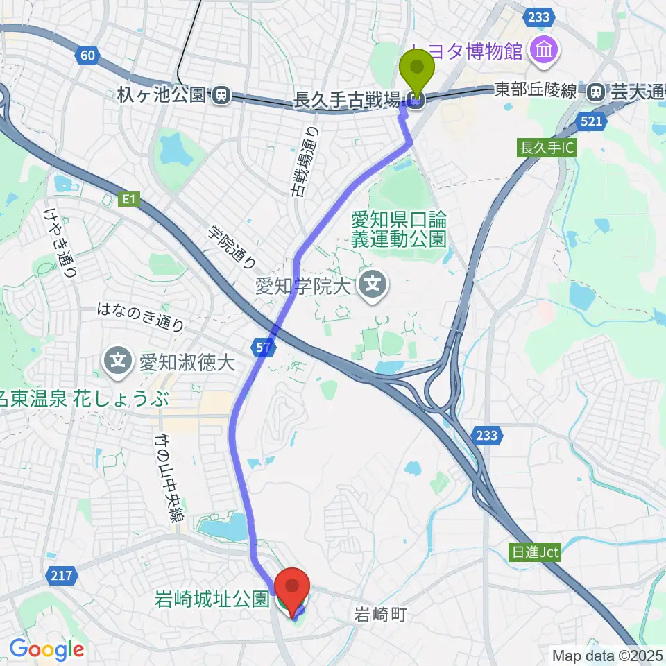 長久手古戦場駅から岩崎城歴史記念館へのルートマップ地図