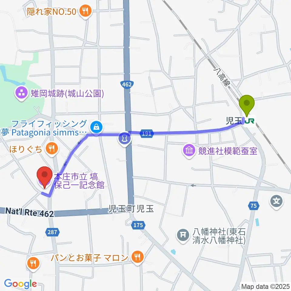 塙保己一記念館の最寄駅児玉駅からの徒歩ルート（約11分）地図