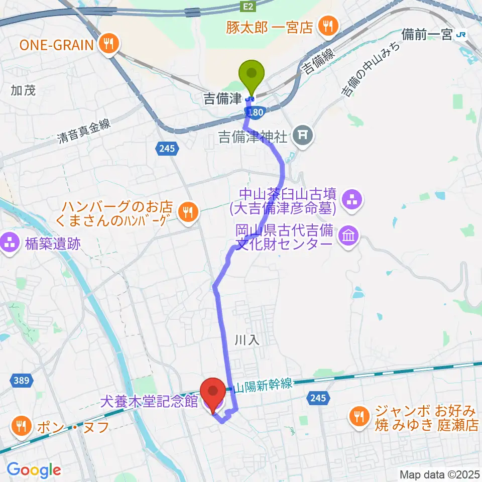 吉備津駅から犬養木堂記念館へのルートマップ地図