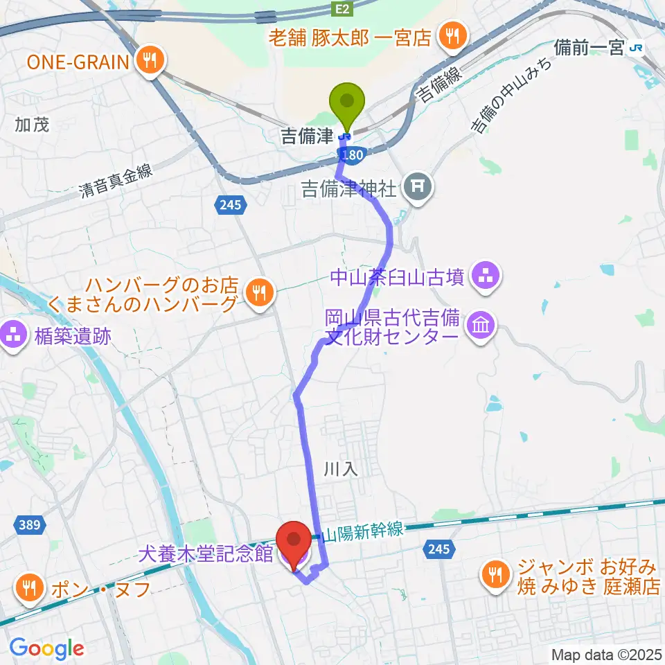 吉備津駅から犬養木堂記念館へのルートマップ地図