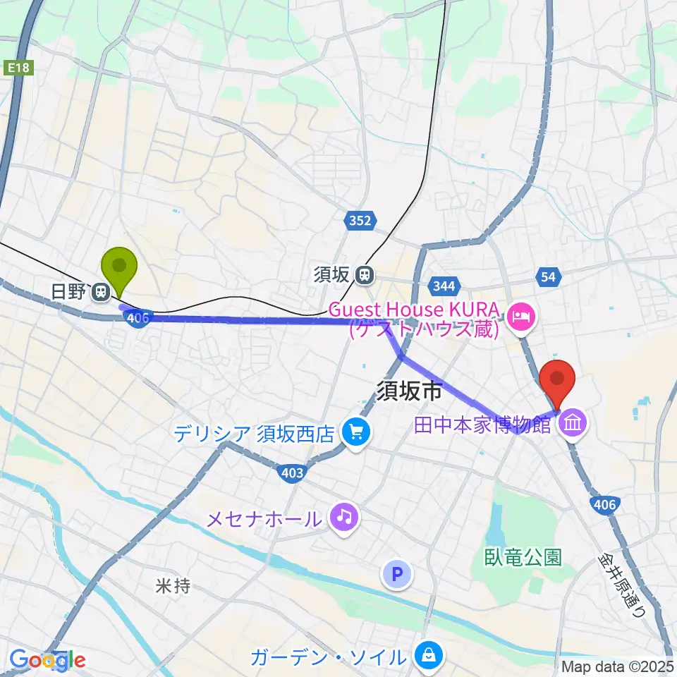 日野駅から豪商の館 田中本家博物館へのルートマップ地図