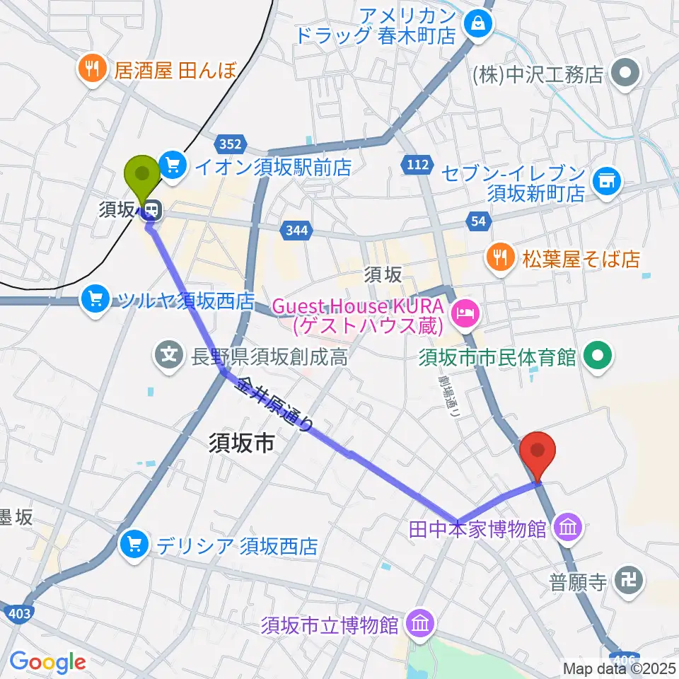 豪商の館 田中本家博物館の最寄駅須坂駅からの徒歩ルート（約25分）地図
