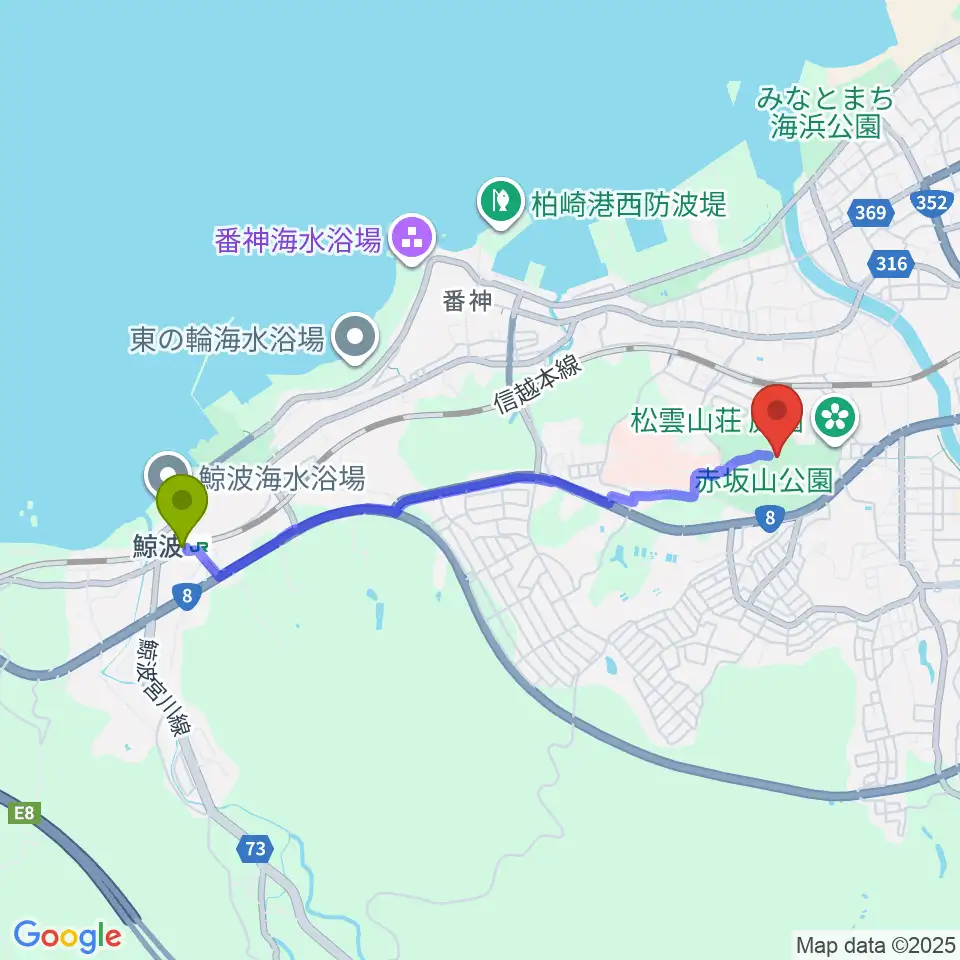 鯨波駅から柏崎市立博物館へのルートマップ地図