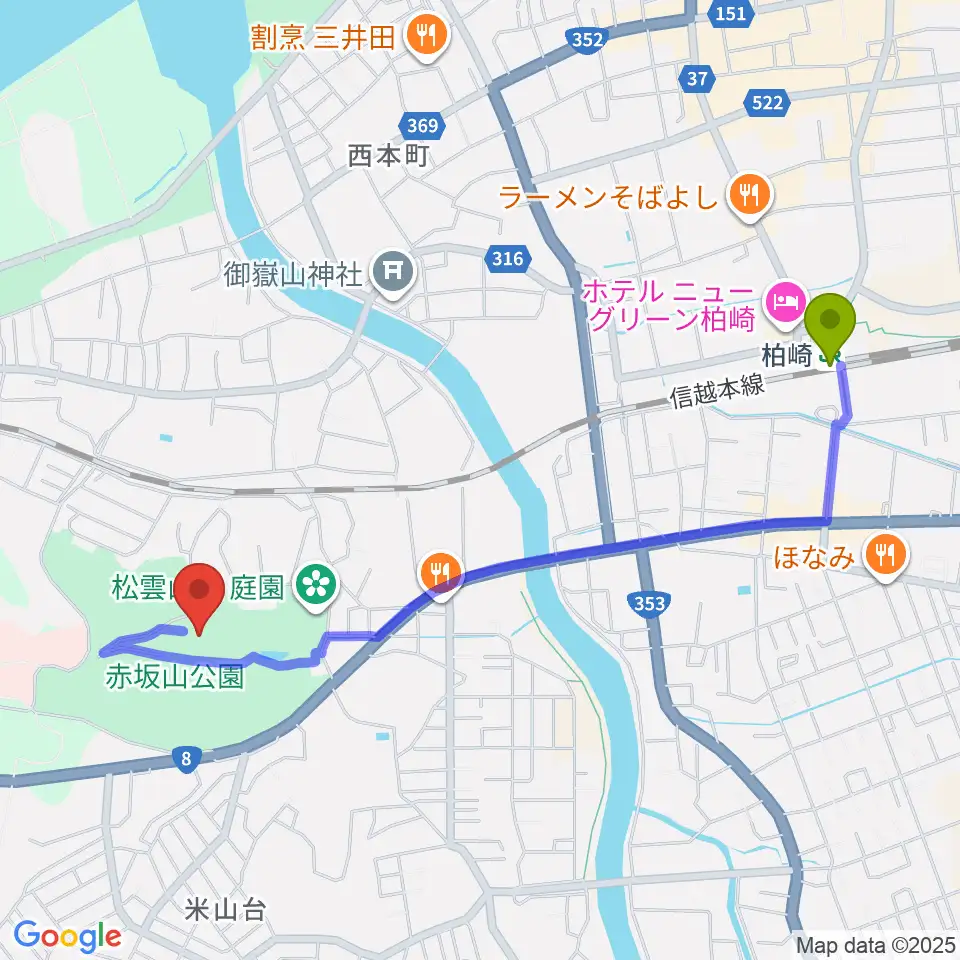 柏崎市立博物館の最寄駅柏崎駅からの徒歩ルート（約22分）地図