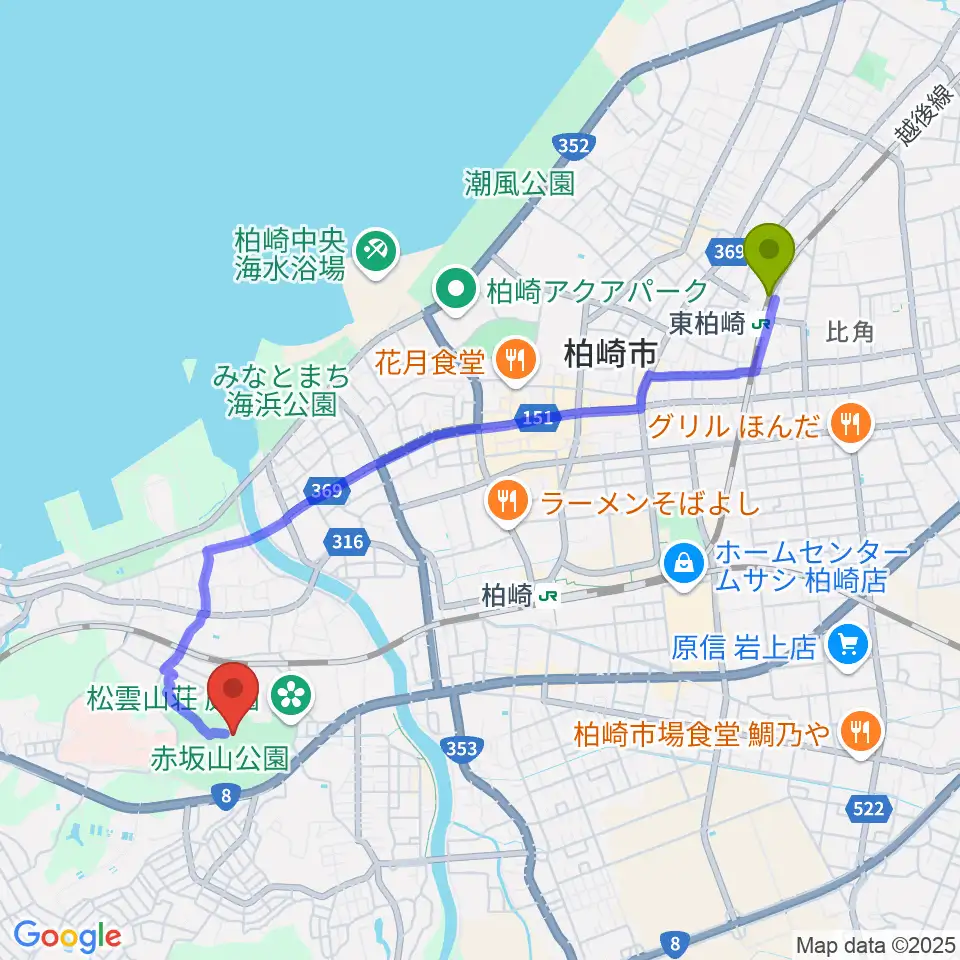 東柏崎駅から柏崎市立博物館へのルートマップ地図