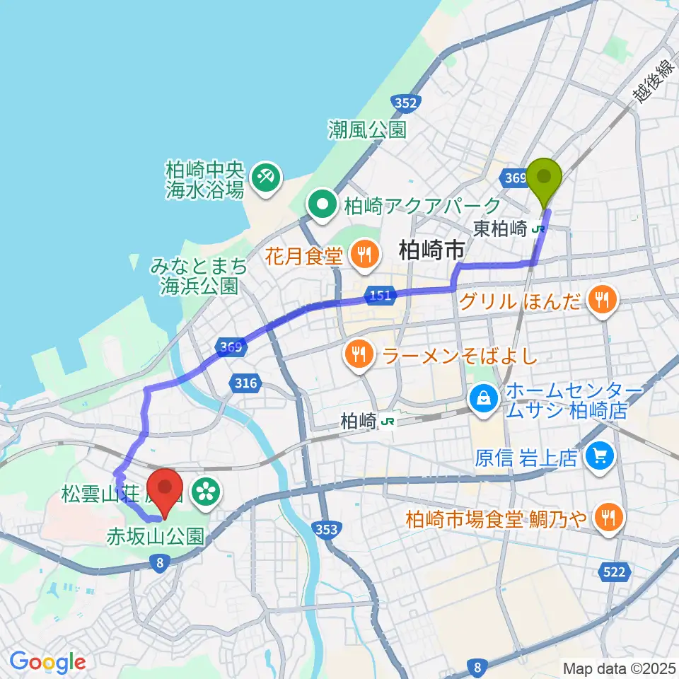 東柏崎駅から柏崎市立博物館へのルートマップ地図