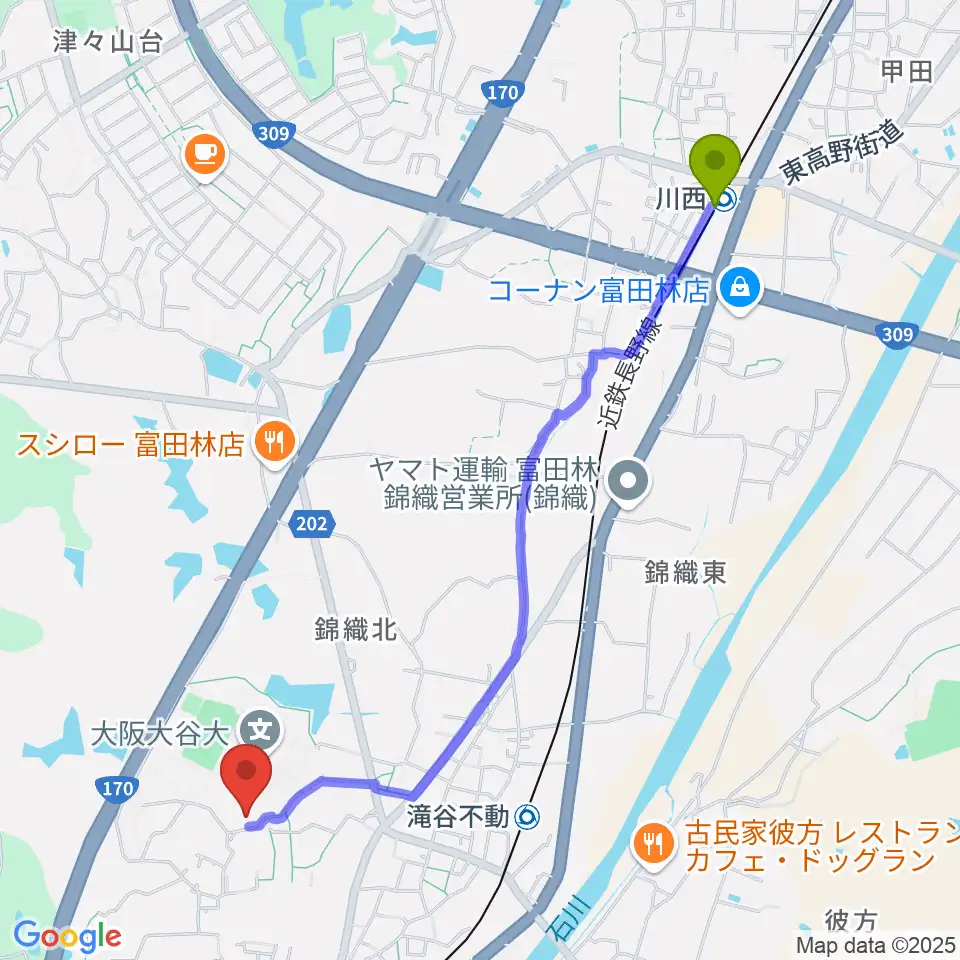 川西駅から大阪大谷大学博物館へのルートマップ地図