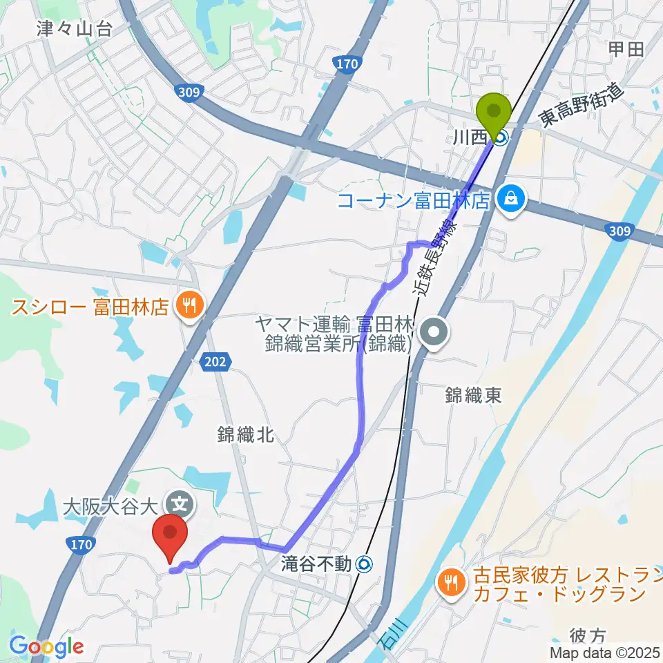 川西駅から大阪大谷大学博物館へのルートマップ地図