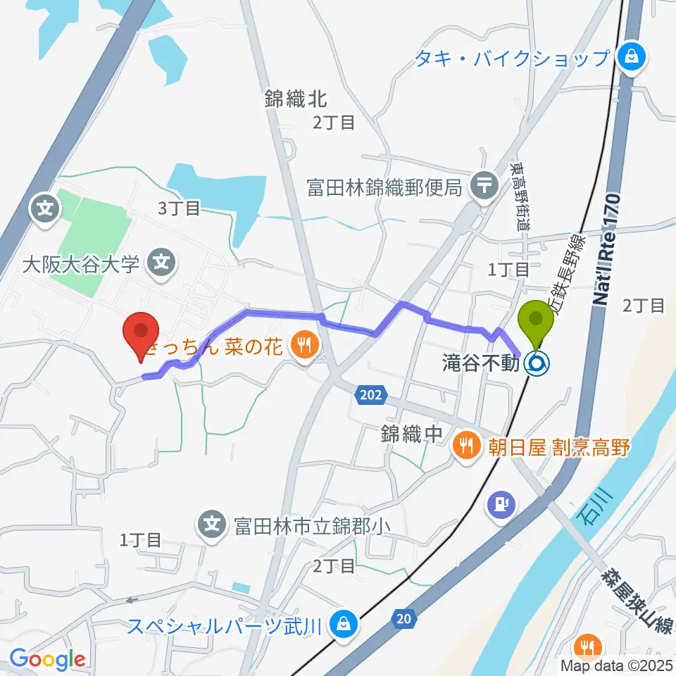 大阪大谷大学博物館の最寄駅滝谷不動駅からの徒歩ルート（約9分）地図
