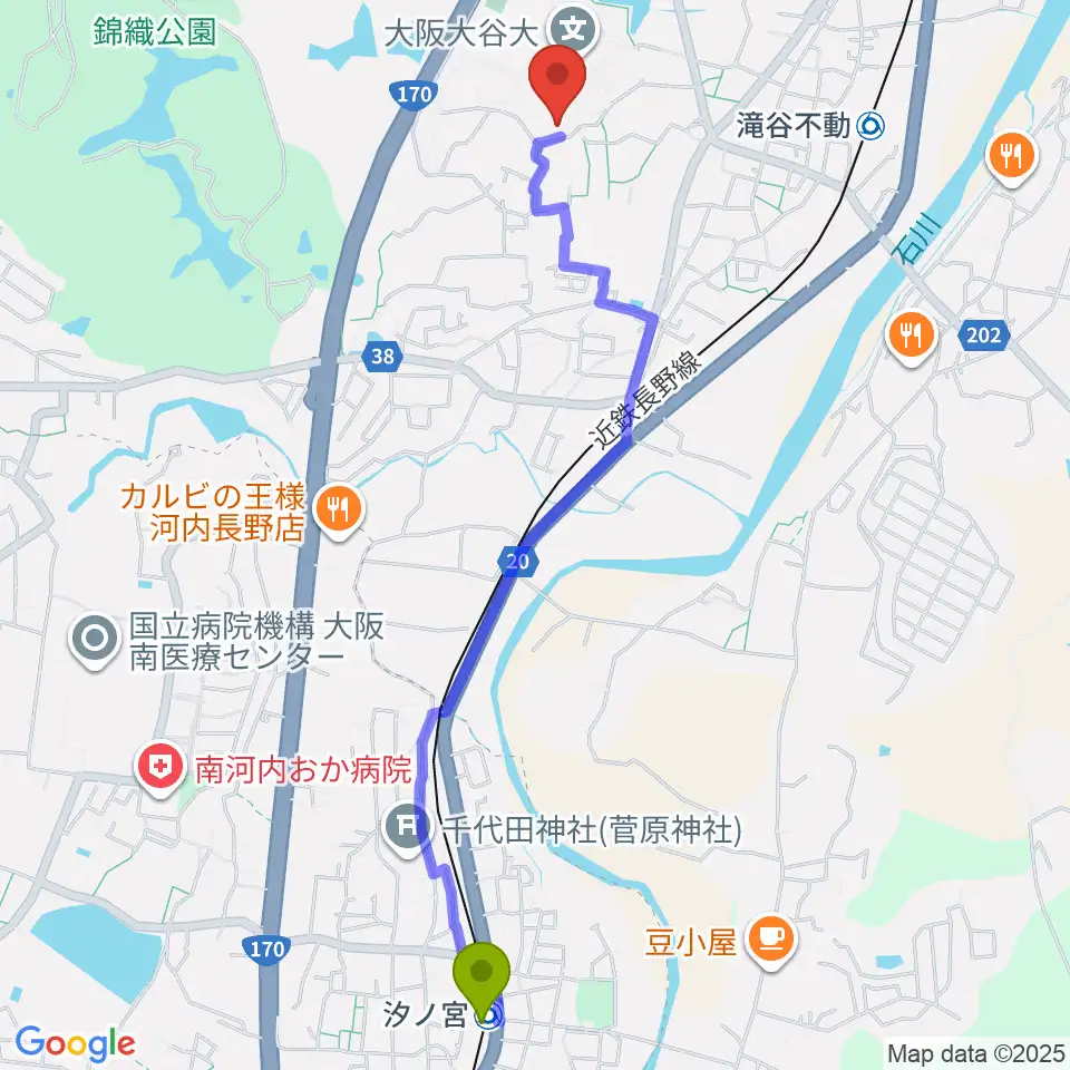 汐ノ宮駅から大阪大谷大学博物館へのルートマップ地図