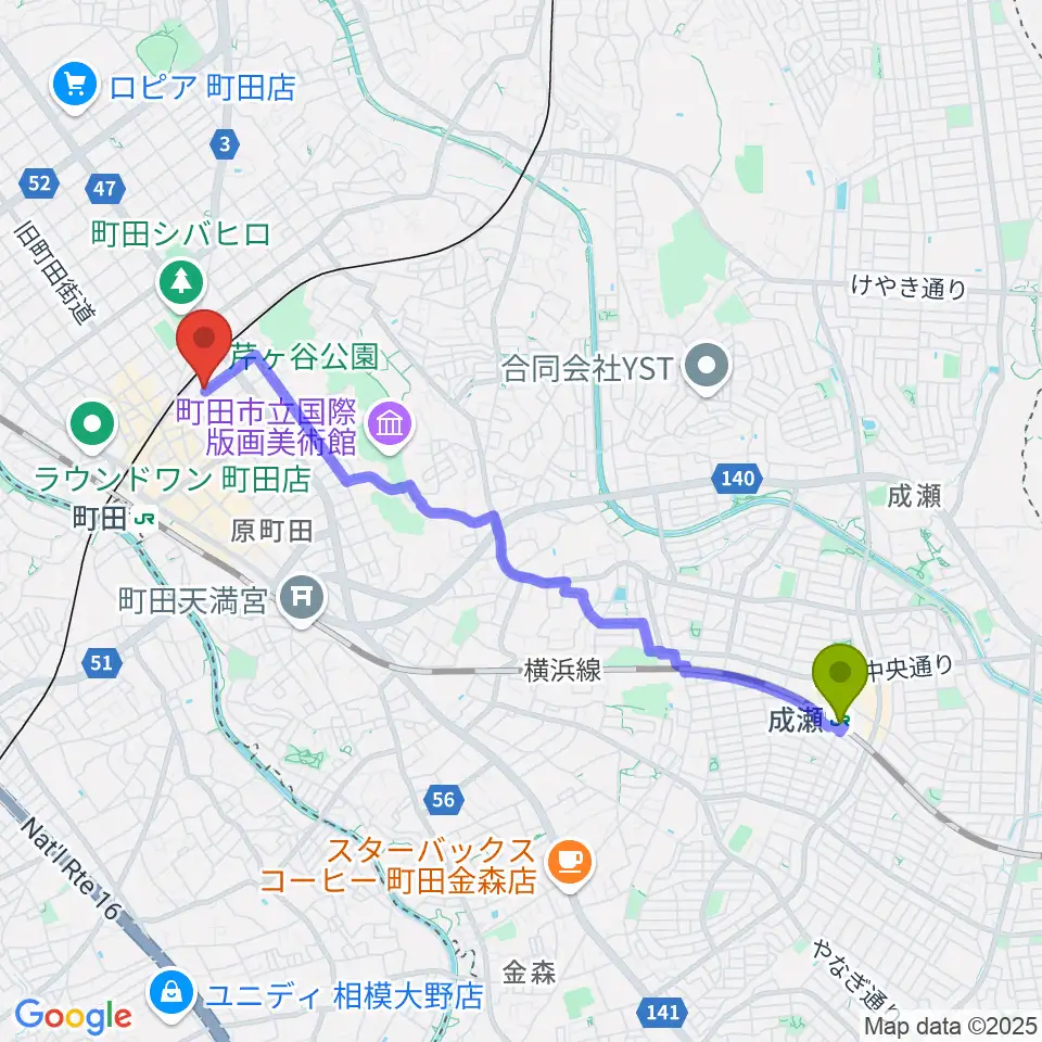 成瀬駅からスタジオアクト町田へのルートマップ地図