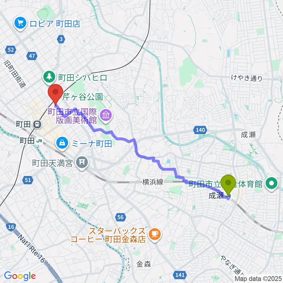 成瀬駅からスタジオアクト町田へのルートマップ地図
