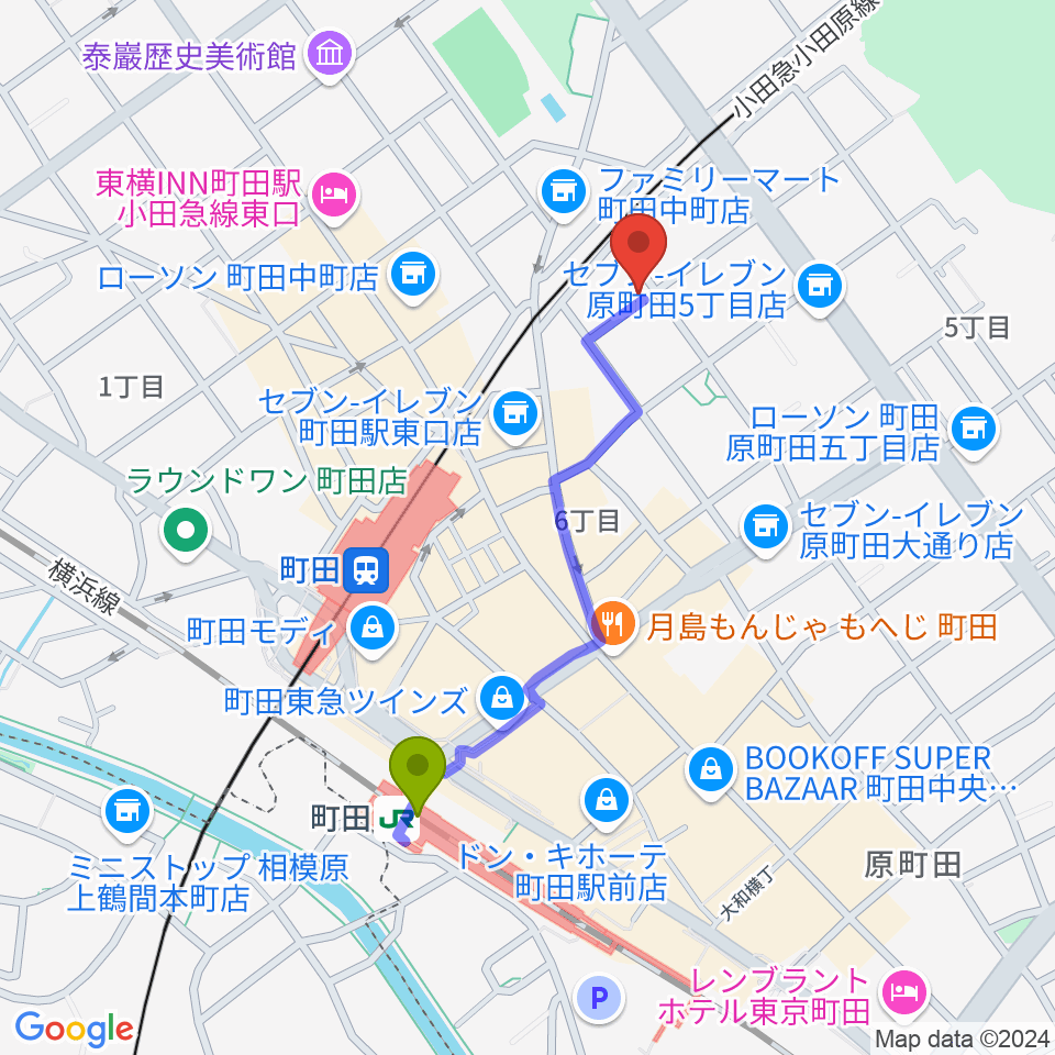 スタジオアクト町田の最寄駅町田駅からの徒歩ルート（約8分）地図