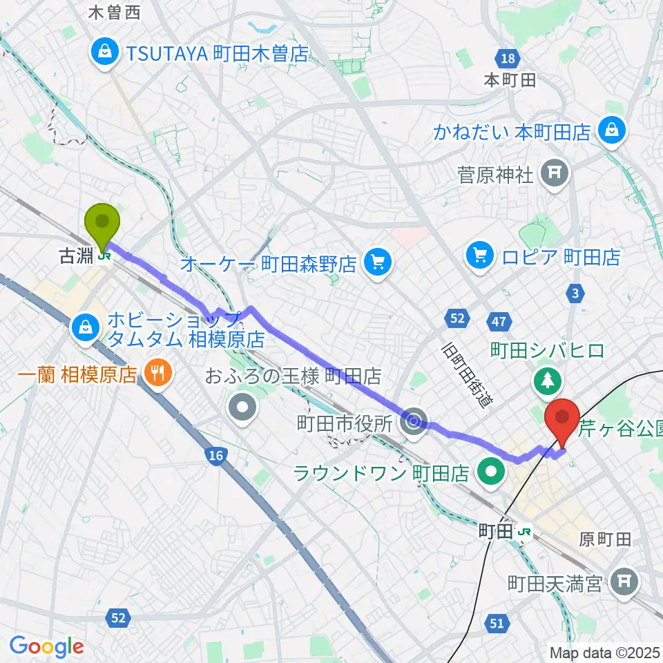 古淵駅からスタジオアクト町田へのルートマップ地図