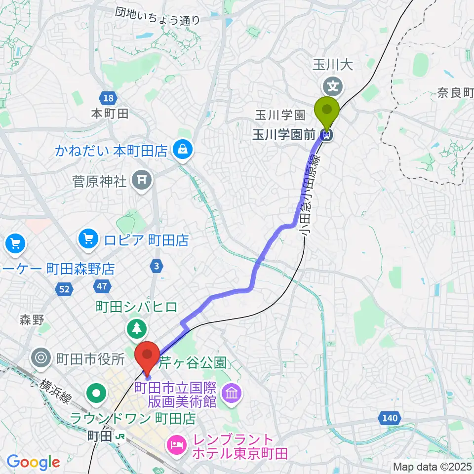 玉川学園前駅からスタジオアクト町田へのルートマップ地図