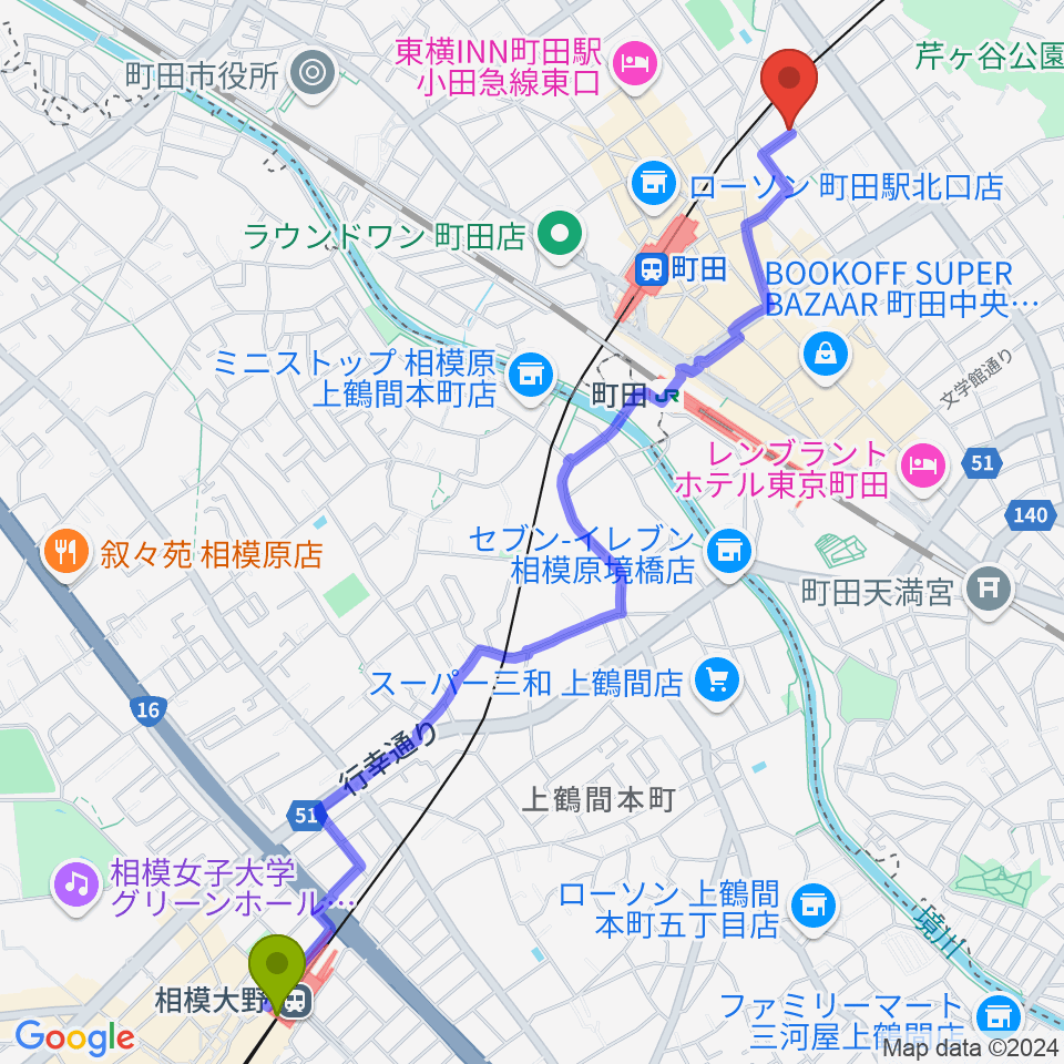 相模大野駅からスタジオアクト町田へのルートマップ地図