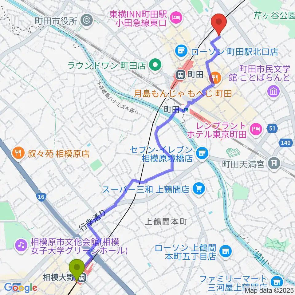 相模大野駅からスタジオアクト町田へのルートマップ地図