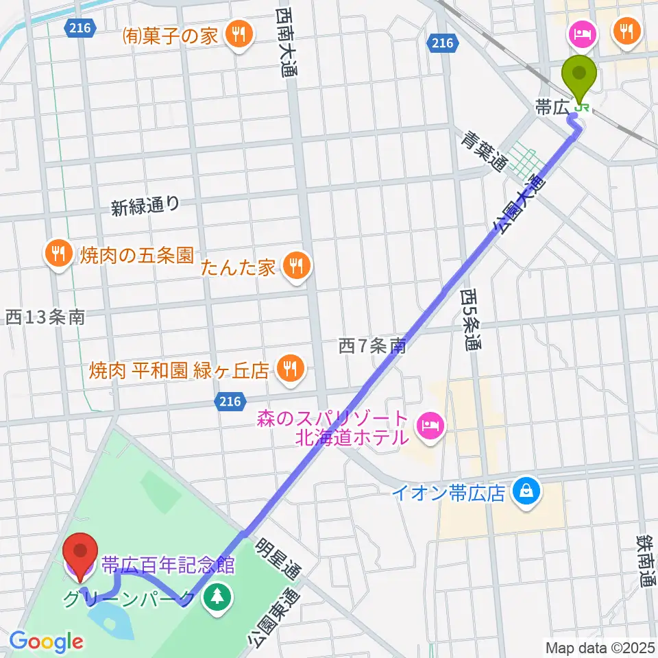 帯広百年記念館の最寄駅帯広駅からの徒歩ルート（約29分）地図