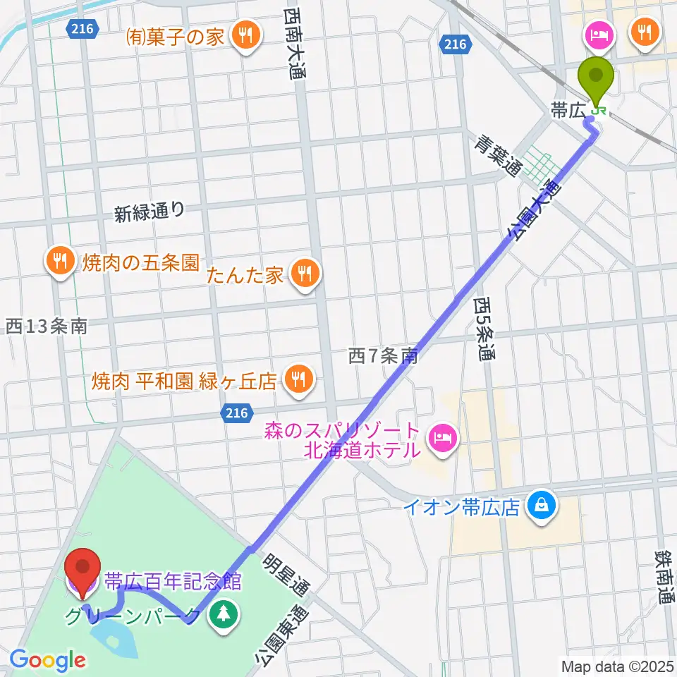帯広百年記念館の最寄駅帯広駅からの徒歩ルート（約29分）地図