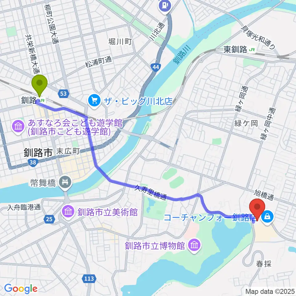 釧路駅からNisshoアイスアリーナへのルートマップ地図
