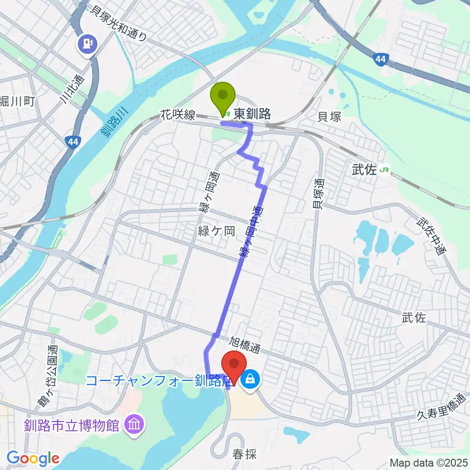 東釧路駅からNisshoアイスアリーナへのルートマップ地図