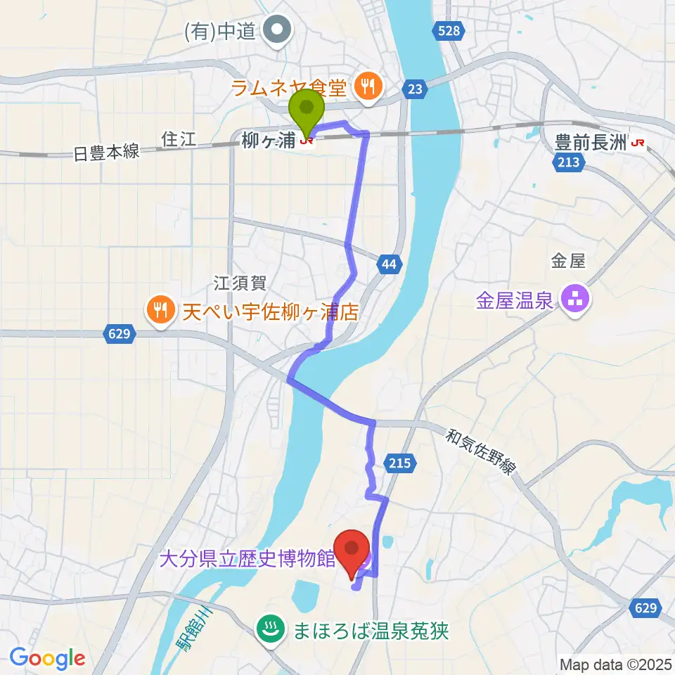 大分県立歴史博物館の最寄駅柳ケ浦駅からの徒歩ルート（約42分）地図