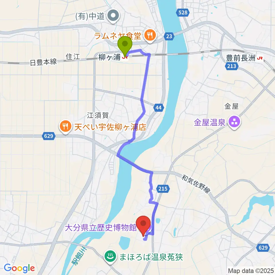 大分県立歴史博物館の最寄駅柳ケ浦駅からの徒歩ルート（約42分）地図