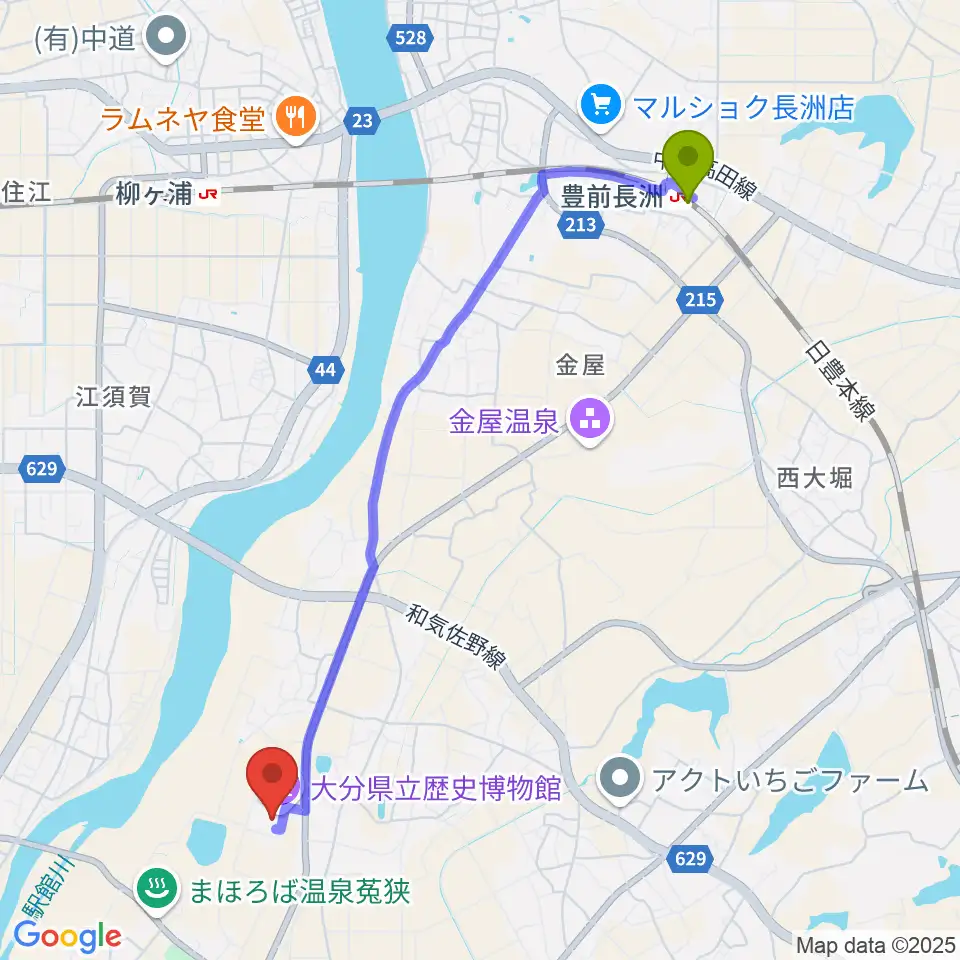 豊前長洲駅から大分県立歴史博物館へのルートマップ地図