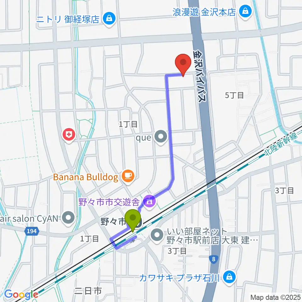 野々市市ふるさと歴史館の最寄駅野々市駅からの徒歩ルート（約8分）地図