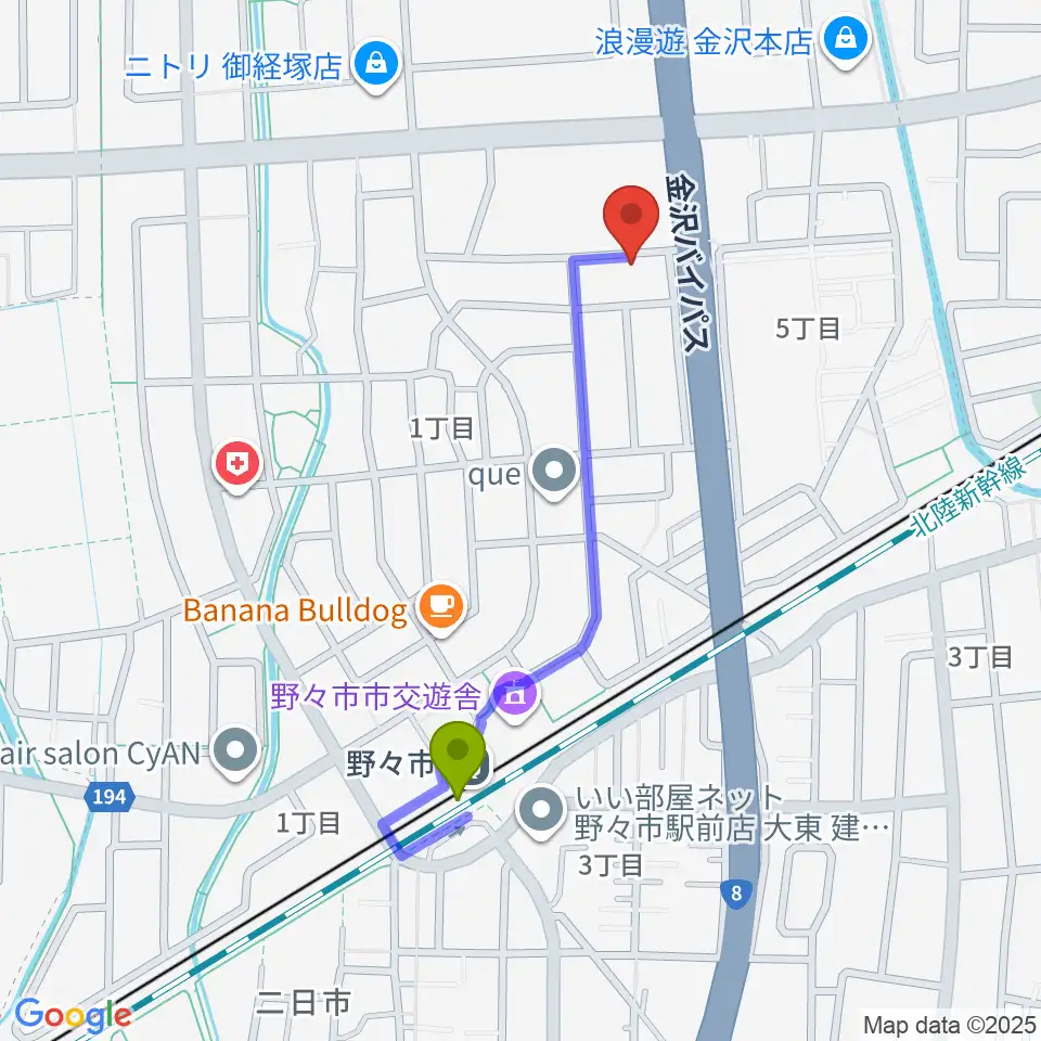 野々市市ふるさと歴史館の最寄駅野々市駅からの徒歩ルート（約8分）地図