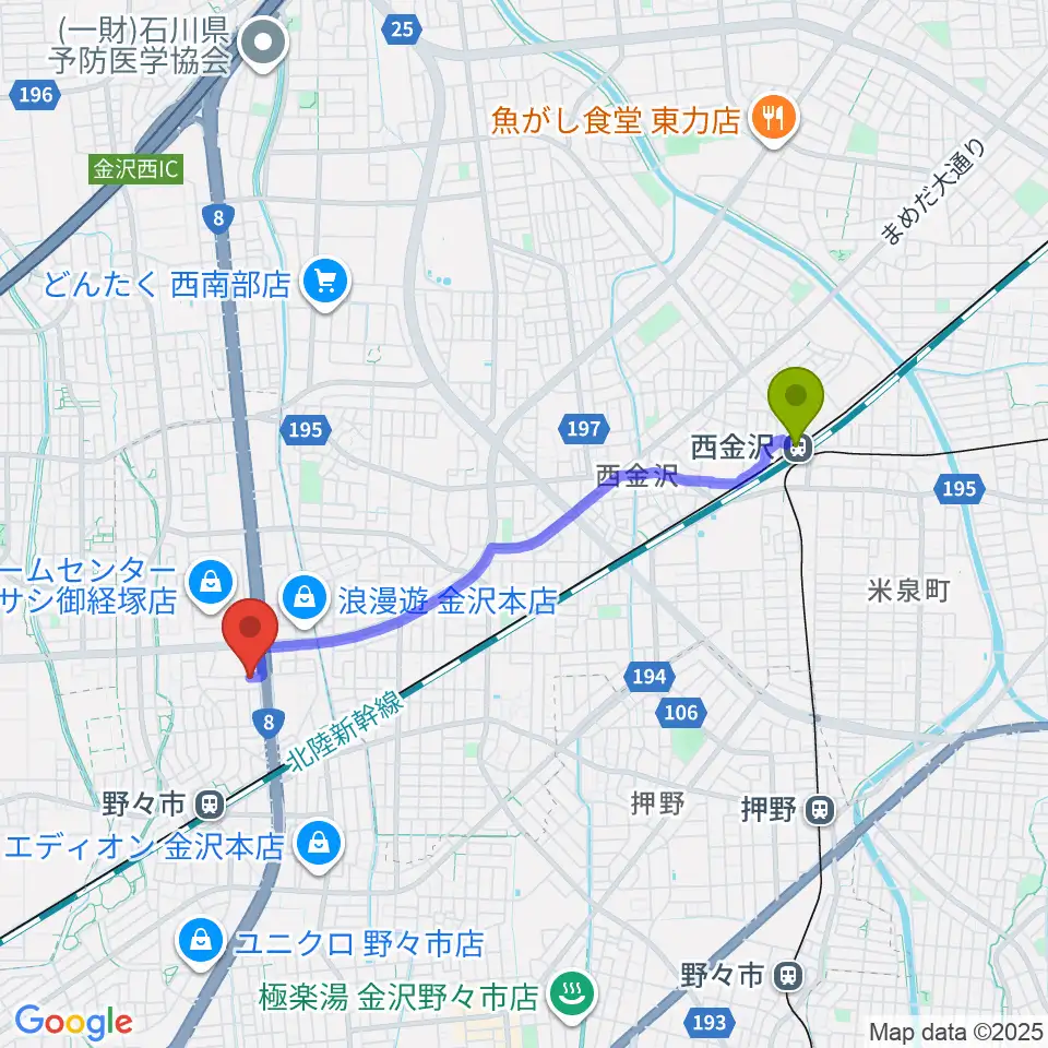西金沢駅から野々市市ふるさと歴史館へのルートマップ地図